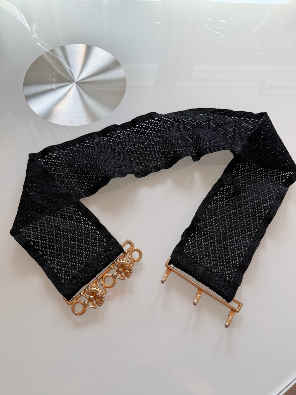 Vintage Black Stretch Lace belt with Gold-Tone interlocking Clasp